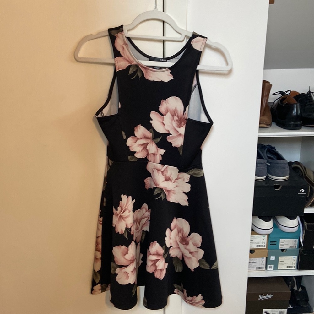 Aqua black floral a-line dress